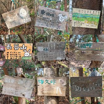 備前市の富田松山のように新しくはありませんが、ここにも絵看板が分岐点、峠、山頂ごとに多数あり、まとめてみました。