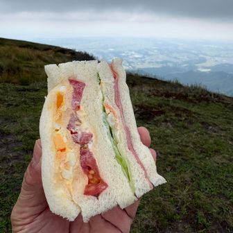 山頂では５〜6組の登山客が腰を下ろして休憩
ソロは私だけ😅
山頂から少し離れた場所に腰を下ろして笑

サンドウィッチうまい😊🎶