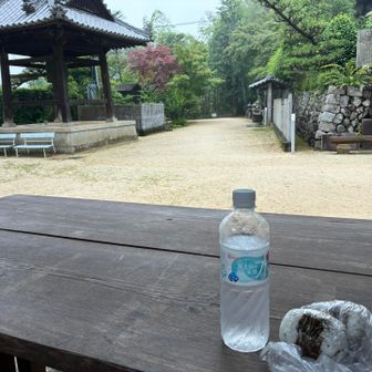 参拝後、境内のベンチでお接待でいただいたおにぎりとお水で昼食です。色んな意味で美味しかったです。