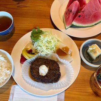 夕食は、おろしハンバーグ、鰹とだし汁のジュレ、揚げ出し豆腐、ふろふき大根　など😍
(メインは肉か魚か選べます🥰)

そしてスイカは合戦小屋で出せなくなったスイカとのこと🍉🥹

🍉余ってるんだろうなーって心配してたんだよね🥹
西岳ヒュッテやヒュッテ大槍など燕山荘グループで手分けして消費してるのかな。。。
