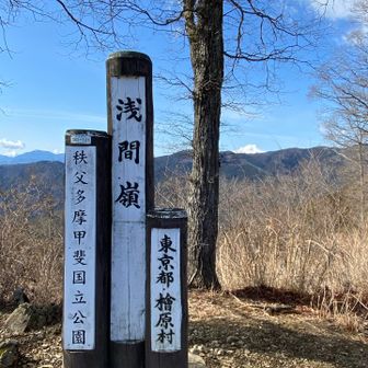 一旦下ってから登り返して浅間嶺の標柱のある展望台。後ろに富士山の頭が見えます。