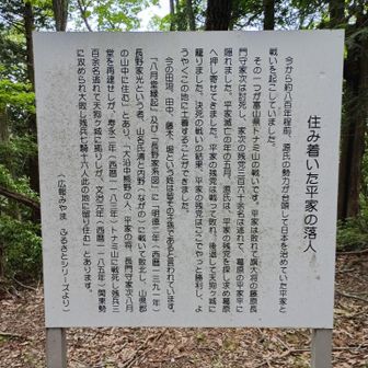 天狗ヶ城にまつわる歴史を伝える看板。敗れた平家の落人が最後の砦として選んだ場所であると、現代に伝えています。