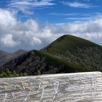 鞍部の次に待ち受けるスリッピーな急登をよじ登って山頂に到着すると 以前と変わらぬ山標が立っていた🙃
分岐の上のコブ越しに本峰