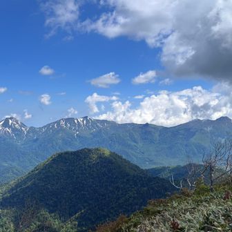 頸城三山。火打山と新潟焼山にはまだ雪があります。手前は地蔵山かな？