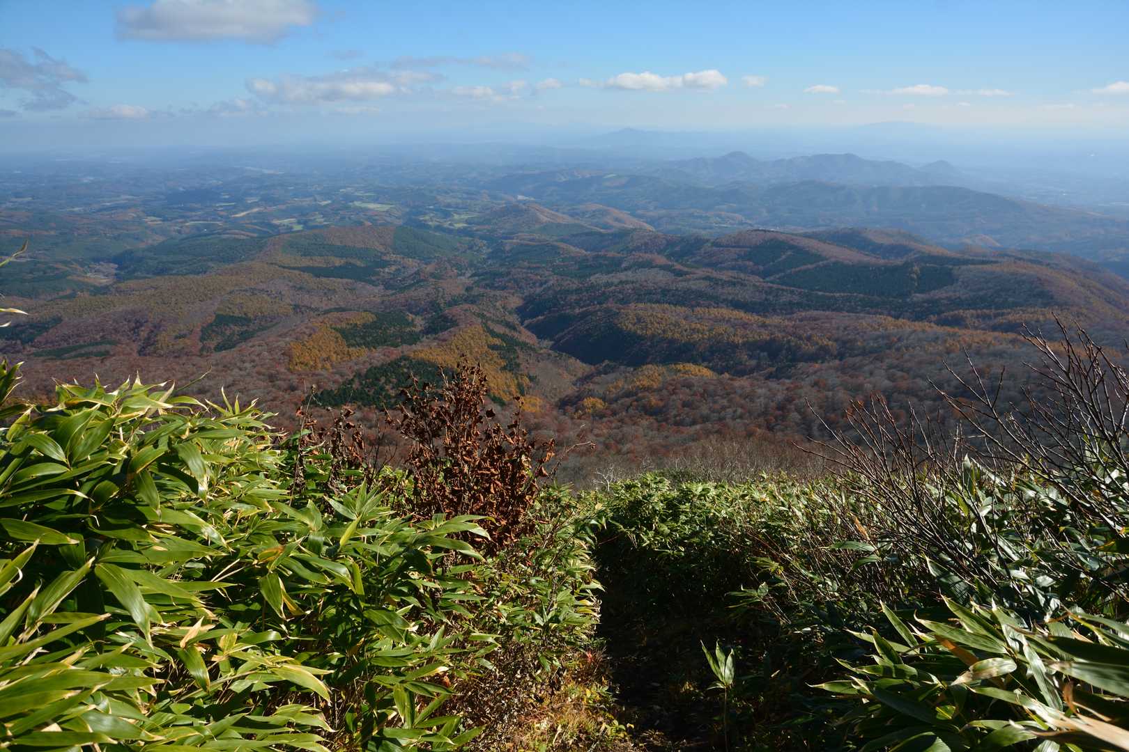 『大駒ヶ岳』を過ぎ、引き続き登りで辿った急斜面を今度は下りで辿る形となる。南側の進行方向にも素晴らしい景色が広がっているが、筆者は上述の難所で滑って尻もちをついたりと、それをじっくり楽しむ余裕など無い有様だった。