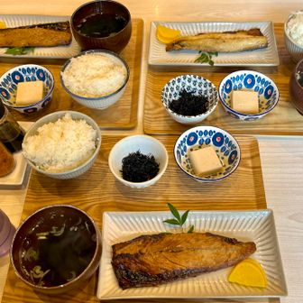 串本にある、おざきの干物屋さんのみりん干し定食（1200円）をいただきます。身がふっくらして美味しい😋胡麻豆腐もついてます💕