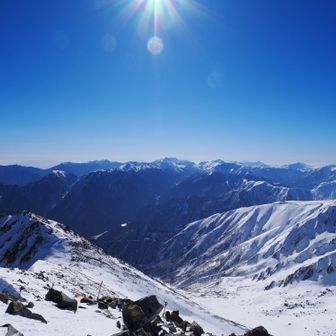 風が弱い社務所の横で再度北アルプス南部の山々を撮影。