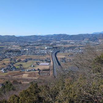 権現堂手前の岩場から📸奥に雪を冠った浅間(あさま)山、下に北関道🚙