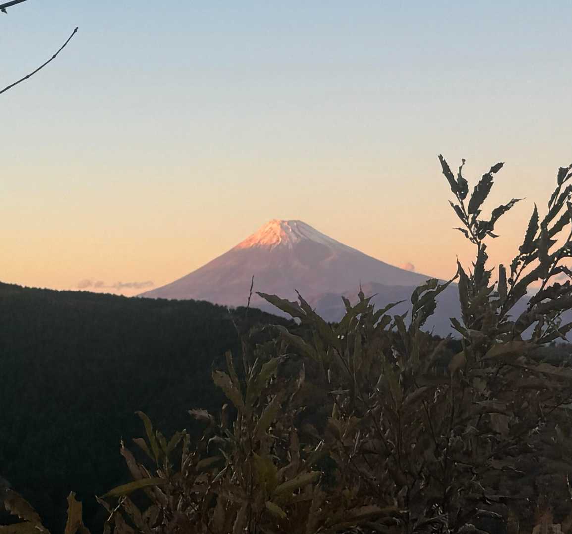 達磨山レストハウスを過ぎて下っていた頃見えた夕陽に照らされた富士山
