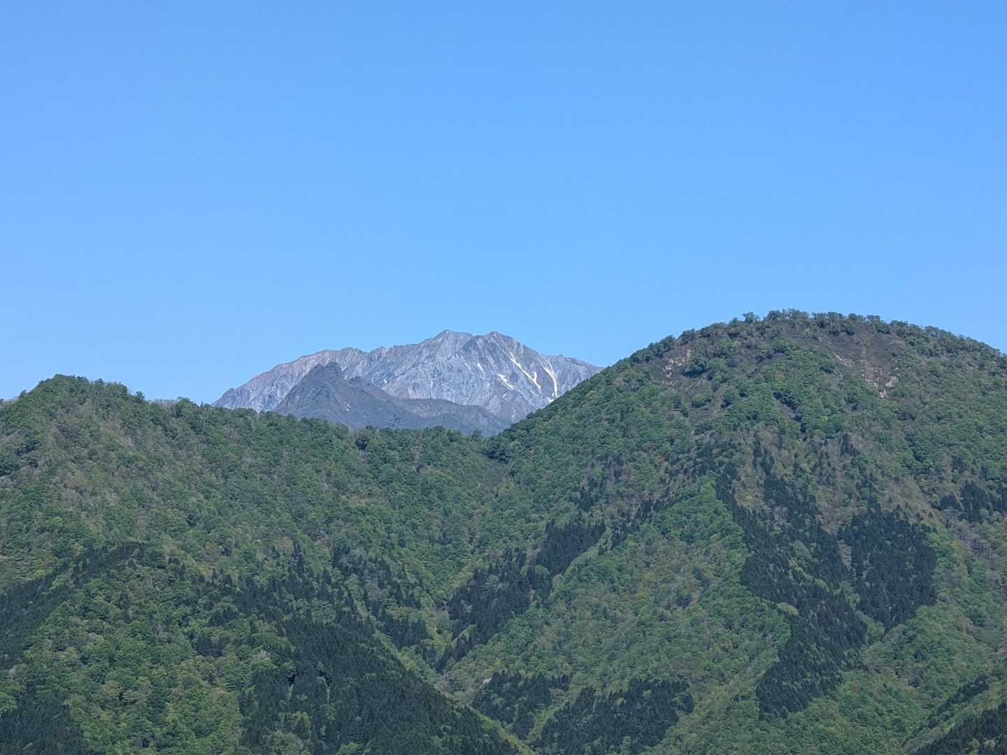 二俣山と皆ヶ山の間から顔をのぞかせた大山と烏ヶ山、大山より黒くてホンマに烏🐦‍⬛みたいや。