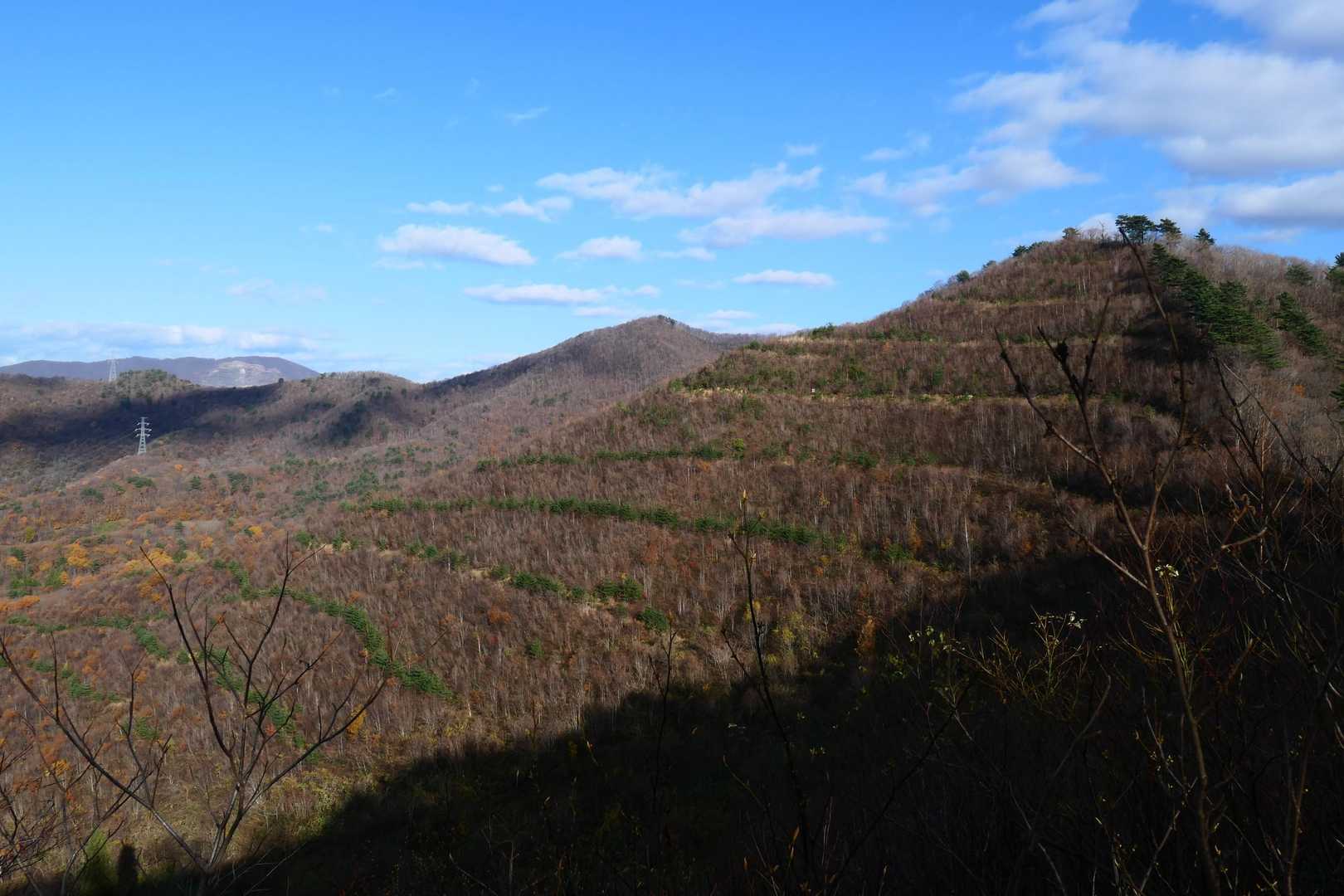 鉄塔(左)から楢木森山(中央)、バリカン山(右)