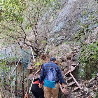 薬師三尊磨崖仏の下を歩きます