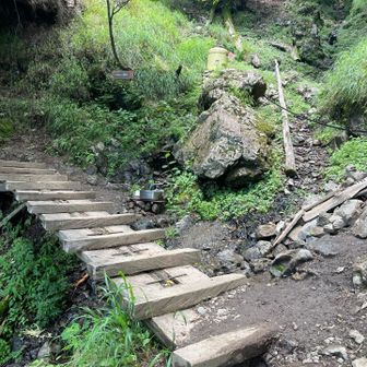 休憩を終えて、水場のある分岐点。七ツ石山へはここを右に進みます。