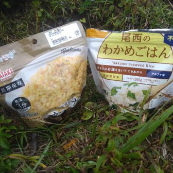 ほい、月見小屋でアルファ米＆カルボナーラ。
その他、カップうどん+セブンイレブンの『金のハンバーグ』+ウインナーをさっとボイルして終了。