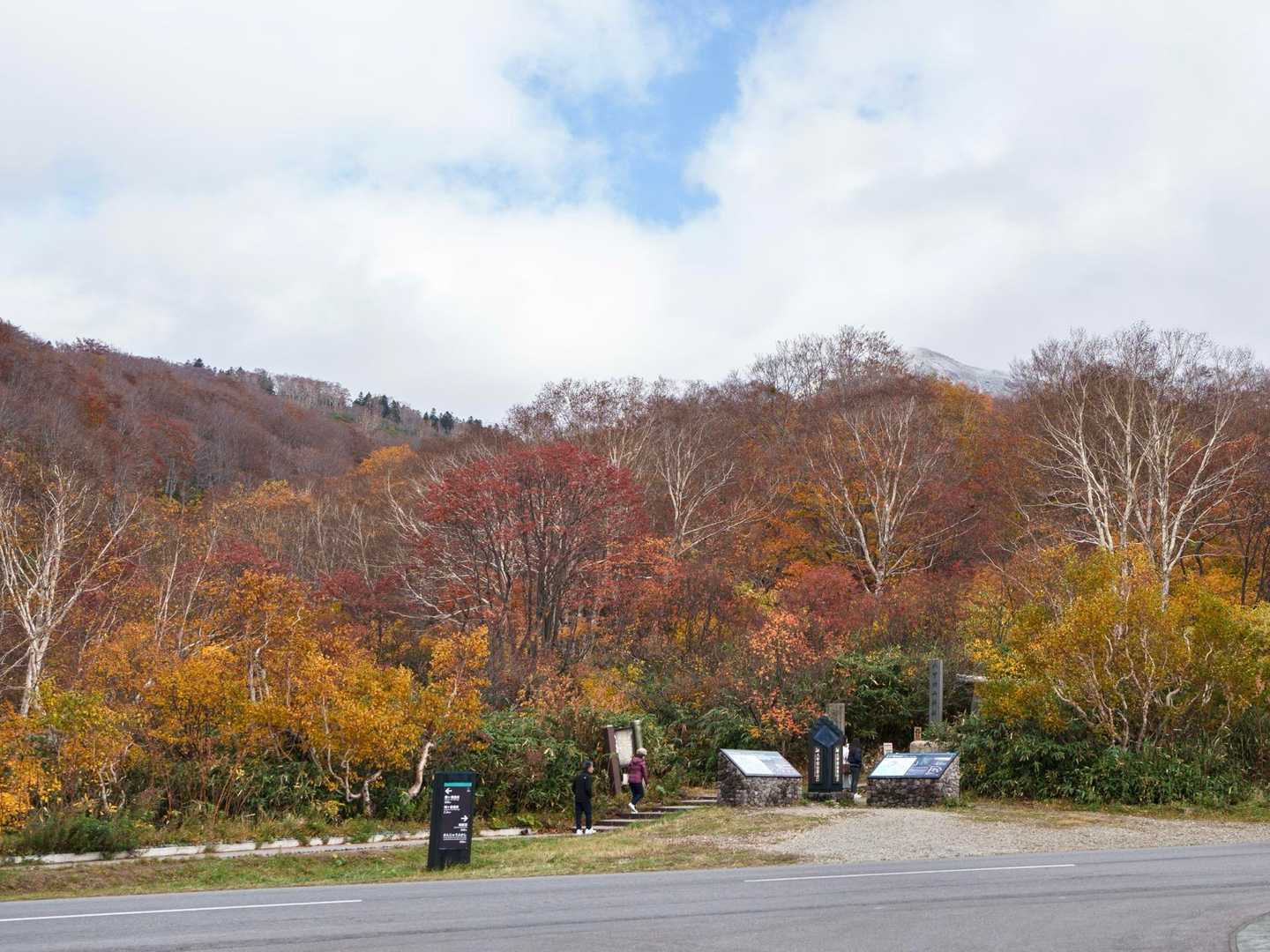 登山口の紅葉がいい感じ。山頂が白く見える…