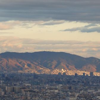 夕日で生駒山麓の谷筋と尾根筋がはっきり見える（神呪寺展望台から）