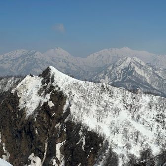 手前は天狗鼻、奥には金山、焼山、火打山、その下に堂津岳