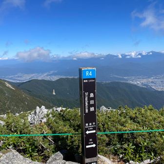 島田娘到着と由来を話しながら

春先から初夏にかけて残雪と岩肌のコントラストで浮かび上がり、左を向いた島田髪の女性の横顔に見えます。
昔から信州・伊那谷において、田植えなど農作業を始める時期を知らせる春の風物詩（農事暦）とされてきました。