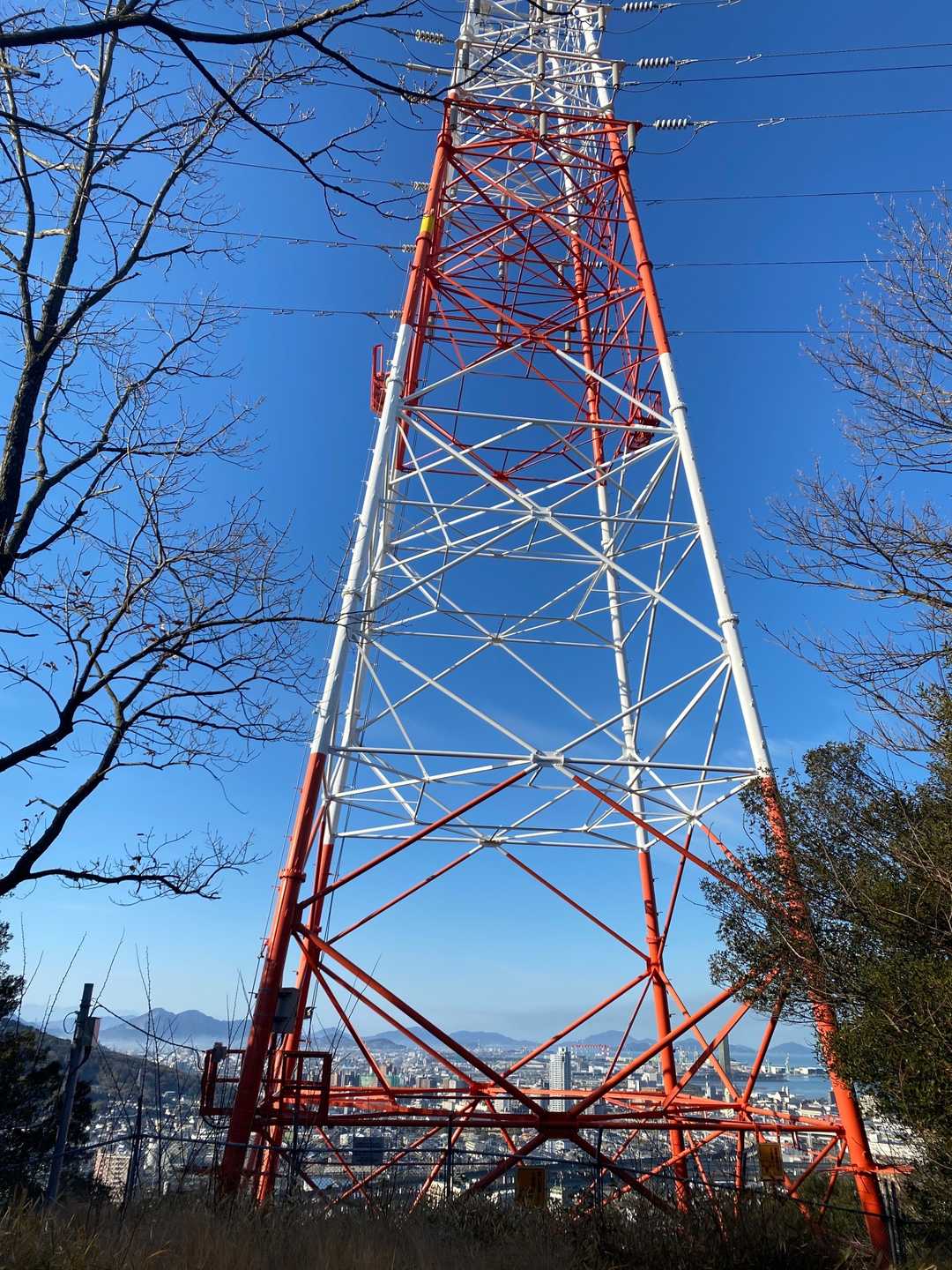 こちらが聖通寺山のピーク付近です。
山頂標識等は見つけられませんでした😅
鉄塔の向こうに宇多津の街が見えます。

なお、下山ルートはテキトーに降りてますので、非推奨です。車道にでる最後は崖です😅