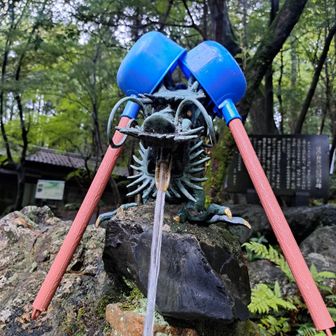 え～。😅
手水舎の龍は「水の神様」（または龍神）として祀られていますよね。 

レポで見たことありましたが...自分の使った柄杓は左脇に置かせていただきました。

☆下山後に見たら2つとも左の石の上にありました。🤗
