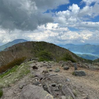 奥に雲の取れた男体山と中禅寺湖
