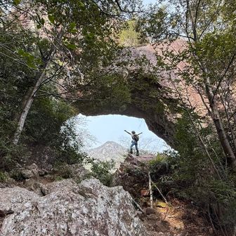 猫の前に、通天門✨
岩が橋になってるみたい♪
しかも、その先には、さっき登った明神山⛰️…だと思っていたら、違った🥲

『天空の岩』と山猿さん🐒に教えてもらった♪
眺めがとてもいいそうなので、今度は天気のいい時にそこを目指したい✨