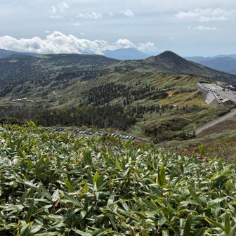 見返峠から、八幡平山頂レストハウス、畚岳(もっこだけ)方面を振り返る