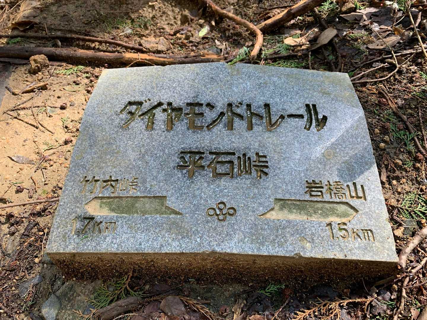 竹内山頂から一旦激下り
下り切った分岐の交差点に石版あり
ダイトレ石版：平石峠