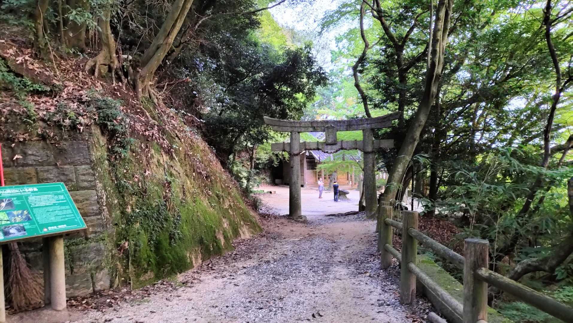 登山道の途中にある荒穂神社。早朝ですが人がいます。