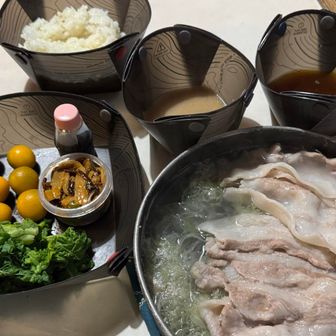 キャベツと豚肉のシャブシャブ、ポン酢とゴマだれです。無人スタンドで買ったナバナはお浸しに漬物は鎌倉で買った分です。ヘルシーですが、豪勢になりました。