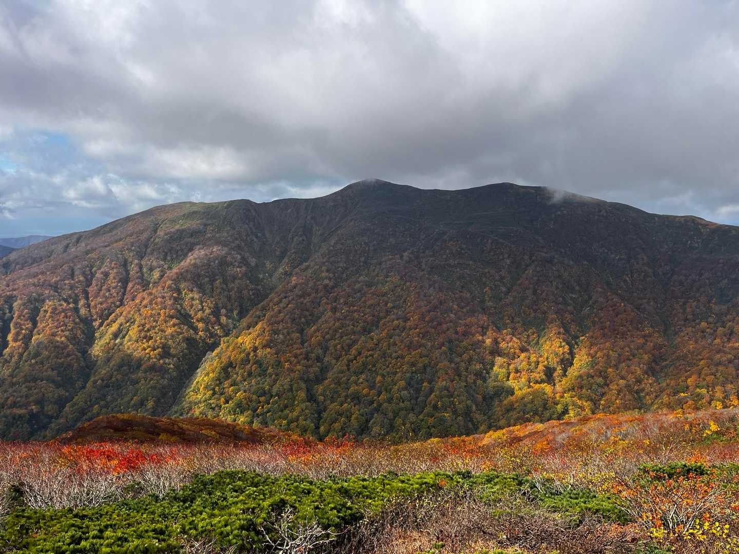 ココから見えるドーンとした和賀岳。
曇り日差しありで写真が上手く撮れない。