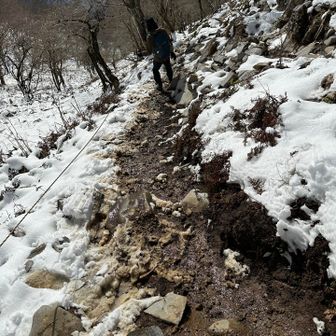 下山は登山道の雪が溶けて泥んこ祭り💦
ここが今回の核心