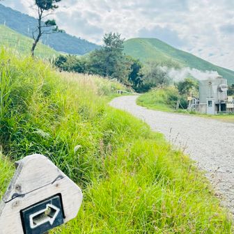 すぐにおにぎり山の標識が、木の節を目に見立てて眉毛だけ書いてあるのが秀逸❗️🤣