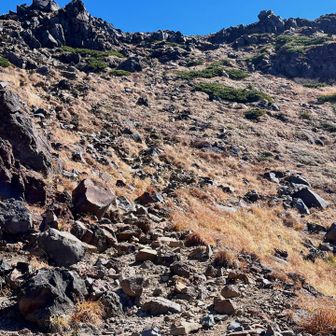 外輪山から山頂へ向かいます
山頂にはこちらを下って
登り返し

ガレガレ、やれやれ