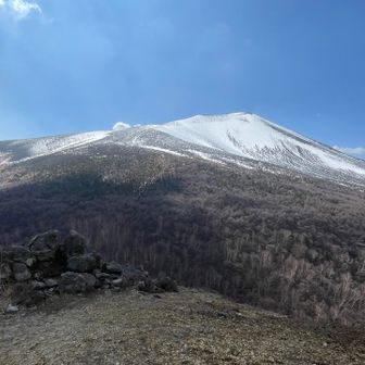 西峰からの下山は突き当たりまで行って、この岩を左へ。