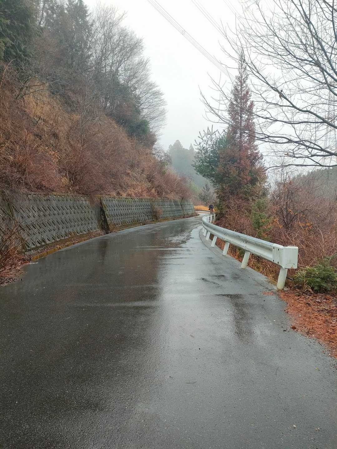 一旦ロードに出ました
ずっと雨です〜☔
結構降ってます〜

近くまで車で来る場合、この道を通りますが、途中崩落箇所もあったので気を付けて下さい　赤い三角コーンおいてありました