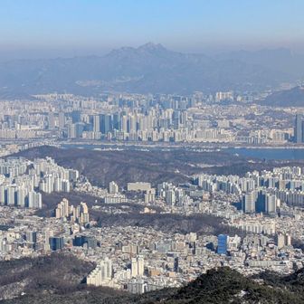 山頂から都心全景。正面ずーっと奥に北漢山が見える。東西に流れるのは漢江(ハンガン)。