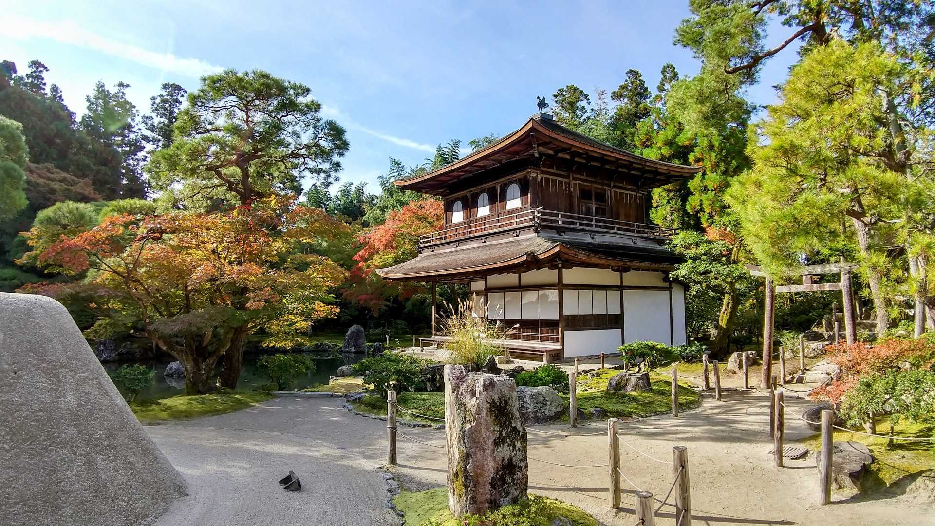 🔖----------観音堂
銀閣寺の俗称のとおり、慈照寺の象徴というべきものがこの観音殿（銀閣・国宝）です。義政公は自らの宗教観を託し、一層を心空殿（シンクウデン）、二層を潮音閣（チョウオンカク）と命名しました。鹿苑寺（ロクオンジ）の舎利殿（シャリデン）（金閣）、西芳寺（サイホウジ）の瑠璃殿（ルリデン）を踏襲、唯一現存する室町期の楼閣庭園建築の代表的建造物として有名です。白砂の砂盛り向月台（コウゲツダイ）と、波紋を表現した銀沙灘（ギンシャダン）とのコントラストは、訪れる人々を立ち去り難い世界に誘います。
                                             …慈照寺HPより
🍁紅葉は、まだ。