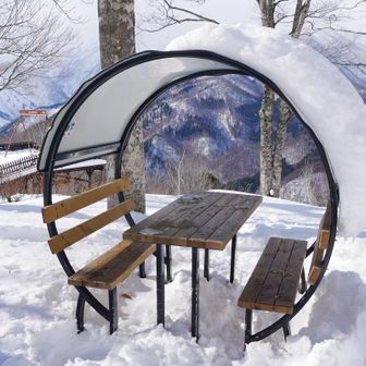 風を防げそうで全く防げないベンチでご飯を食べる