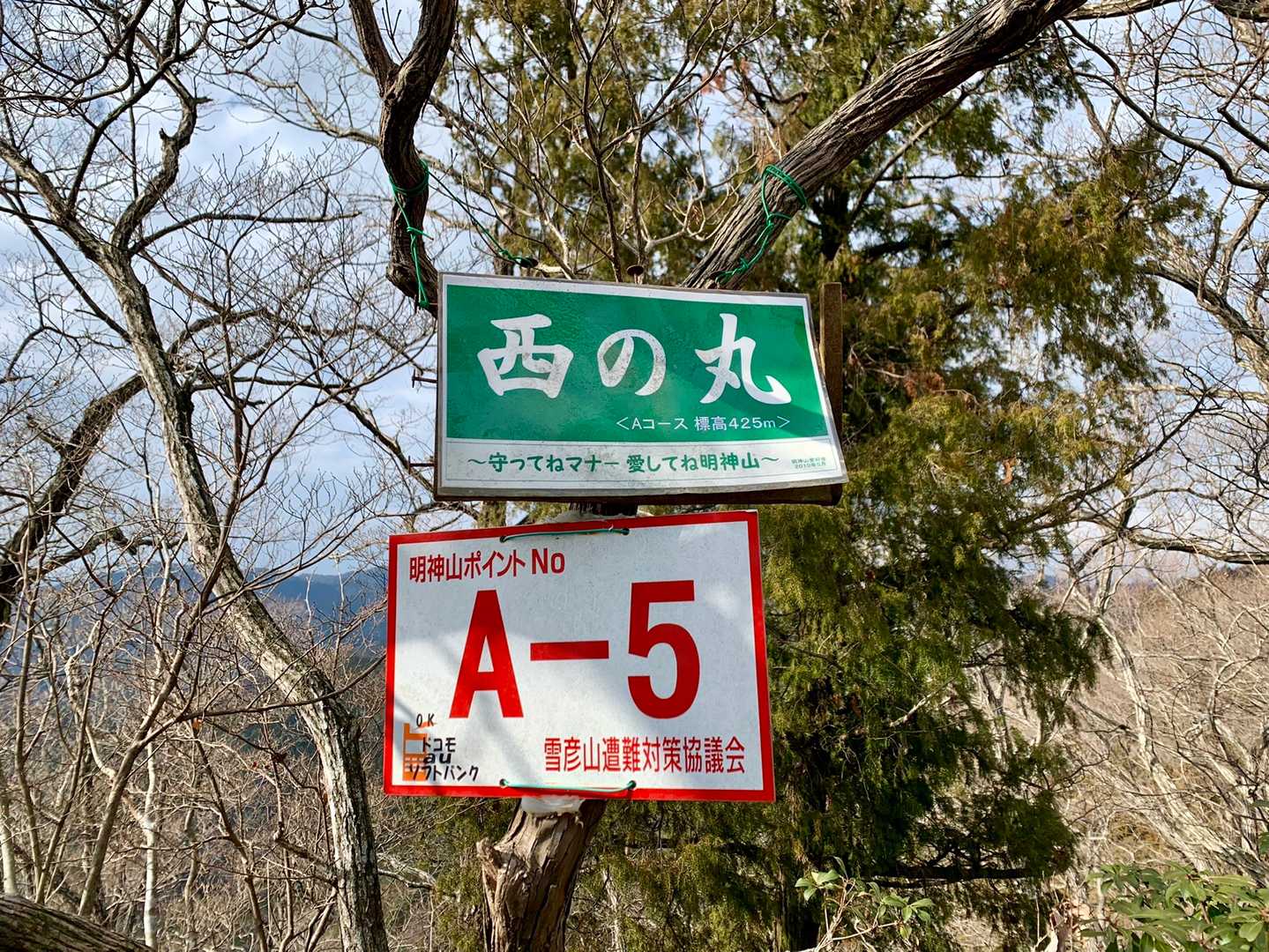 西の丸山のピーク到着⛰✨✨

そして、ここから、A→Auコースに入ります🥾

実は、明神山の登山ルート、A～Eは普通のアルファベット名なのに、なぜかこのコースだけAu🙁
登る前に、ますみんさんと謎解きしたいねって言ってたのに、結局わからず😓

下山後調べてみたら、一番濃厚なのは、登山口～Aコースからのびてた遊歩道がいつの間にか整備され、
Aの遊（ユー）歩道→Auコース説⁉️
うーん、でも、なんか怪しい😩
