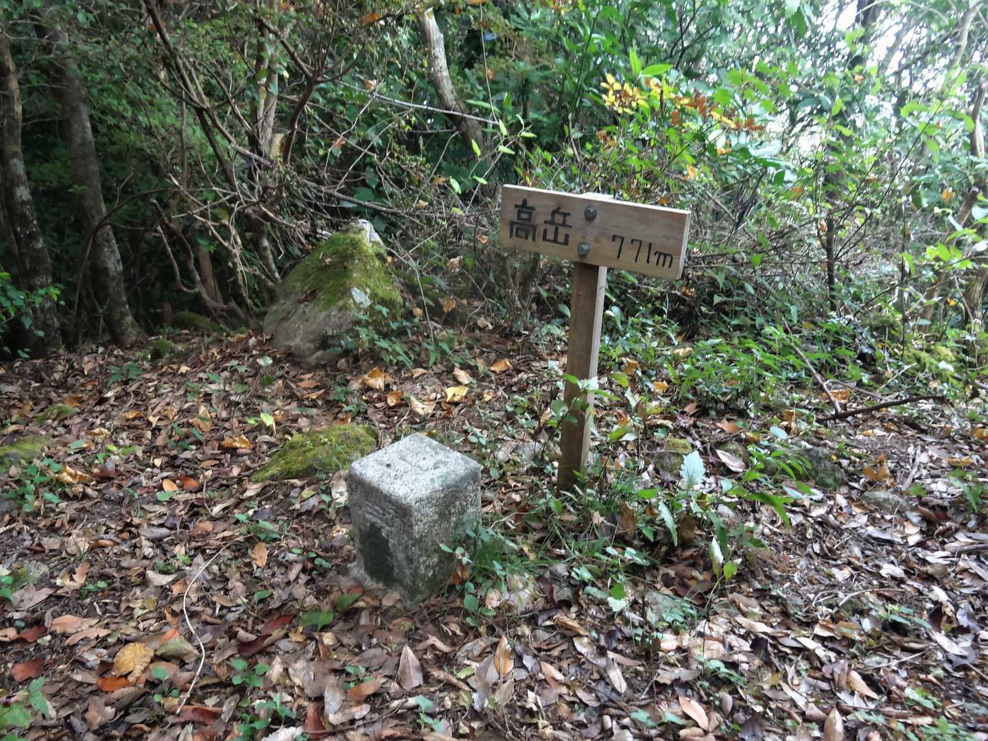 岩を登って次のピークが山頂です。高岳 標高 711.2m、三等三角点(基準点名：笠石原)。