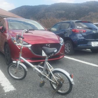 牧ノ戸峠から長者原までは、黒岩山などのピークをとりながら下っていく予定でしたが、🦖のファスナーが壊れるアクシデントで時間と体力と気力を消耗したので⑤余裕があればマイナーピークをとるは断念。
保険として前日牧ノ戸峠にデポしておいた自転車で長者原まで下ります。
全行程下り坂なので、夏はとても気持ちいいと思います。
この後、牧ノ戸峠にデポしておいたザック・長靴・恐竜を回収して、前回入れなかった、ひまつぶしの湯♨️（入浴料300円）へ。今回は空いておりました🙌