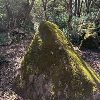 坊主山の三角岩、苔に覆われて坊主山の字が見えない。