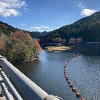 雨山ダム湖の横を通ります。

👴：えすさん💰、今日はヘッドライトを持ってきていますか？
💰：一応持ってきていますが、必要ですか？
👴：ちょうど今が、行程の半分くらいです。日没までには終わるので使用しないと思いますが、何かトラブルが起きて遅くなったら必要です😉確認です😊