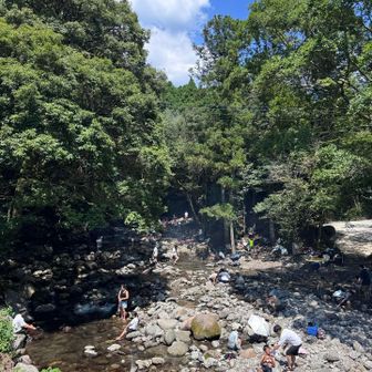 キャンプ場入り口は大賑わいで、路駐がすごくてみんなバーベキューしてた