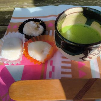 お抹茶と大福も止まらない美味しさです!
山でお抹茶なんてとても優雅です。