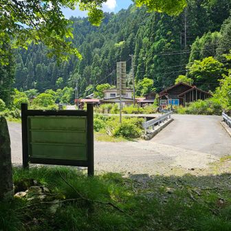 知見の集落に出ました。
週末はバスがないので（というか週に２日計４便しかない）、美山町かやぶきの里まで１時間余り車道を歩きますよ。
なお下りの途中でザックに縛りつけていたストックを１本、落としていたことに気づきました。