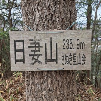 【日妻山山頂】
・登り道途中、山頂、この後も下山中も眺望無し。
・「取付」しか登山口が無かったので、山頂の「さぬき里山会」の大きな看板が「ここの山も入ってええんやで」感があり、嬉しい。
・お腹が空いたのでここでちょこっと軽食。寒かったので、その後は急いで下山する。