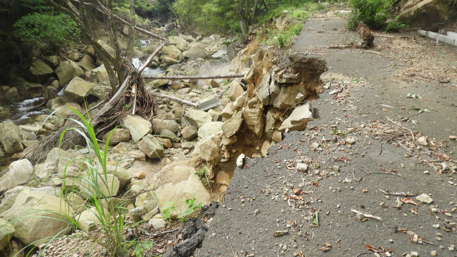 水害の傷跡が痛々しい道を歩いて登山終了