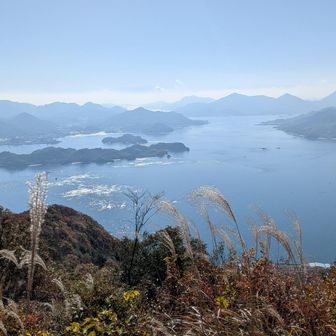 山頂より
横に長い島は細島かな…